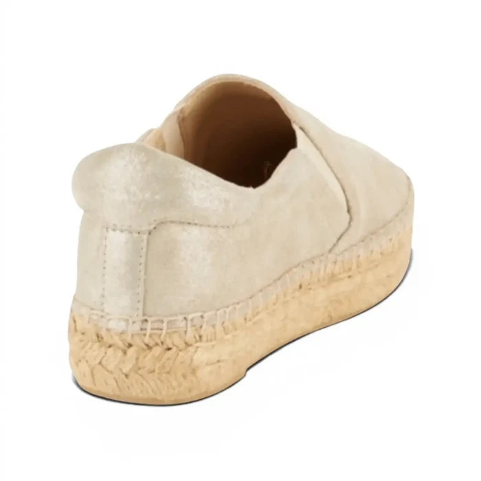 Gold Metallic Leather Espadrilles Loafers with slip-on elastic sides, closed round toe, padded insole, and sisal platform 8.5