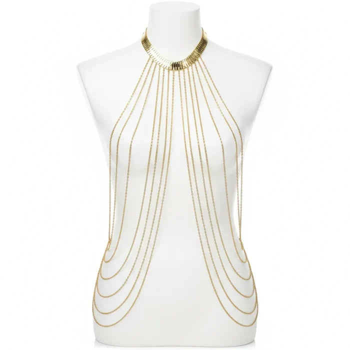 Gold Halter Multi Layer Body Chain with herringbone choker and cascading drapes