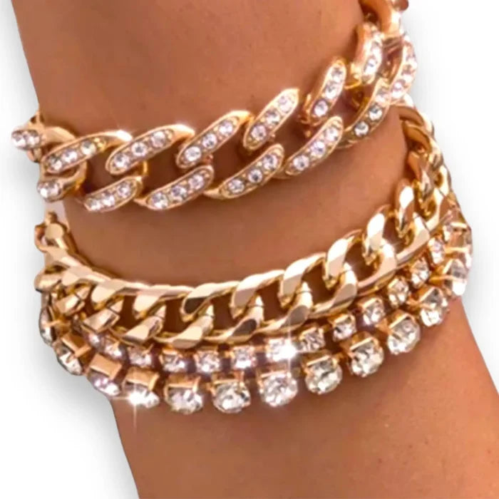 Gold Rhinestone Stacked Bracelets 4 pcs featuring dazzling gold chains and rhinestones for a stylish look.