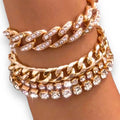 Gold Rhinestone Stacked Bracelets 4 pcs featuring dazzling gold chains and rhinestones for a stylish look.