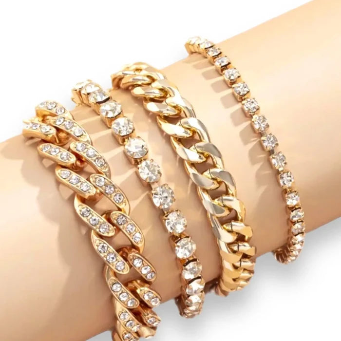 Gold Rhinestone Stacked Bracelets 4 pcs featuring glittering tennis and chunky gold chain styles on a wrist.