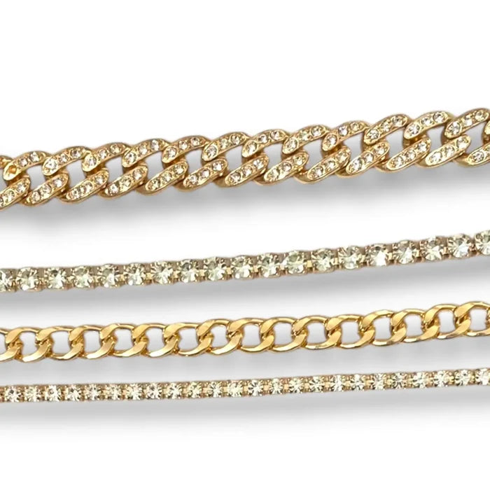 Gold Rhinestone Stacked Bracelets 4 pcs featuring glittering chains and rhinestones for stylish jewelry stacking.