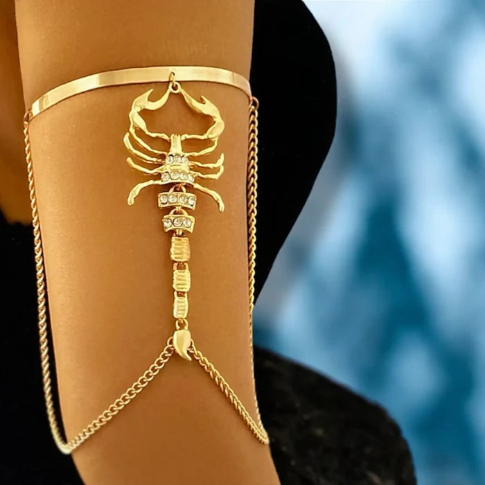 Gold Scorpion Crystal Armband Bangle with zircon crystals and adjustable upper arm cuff