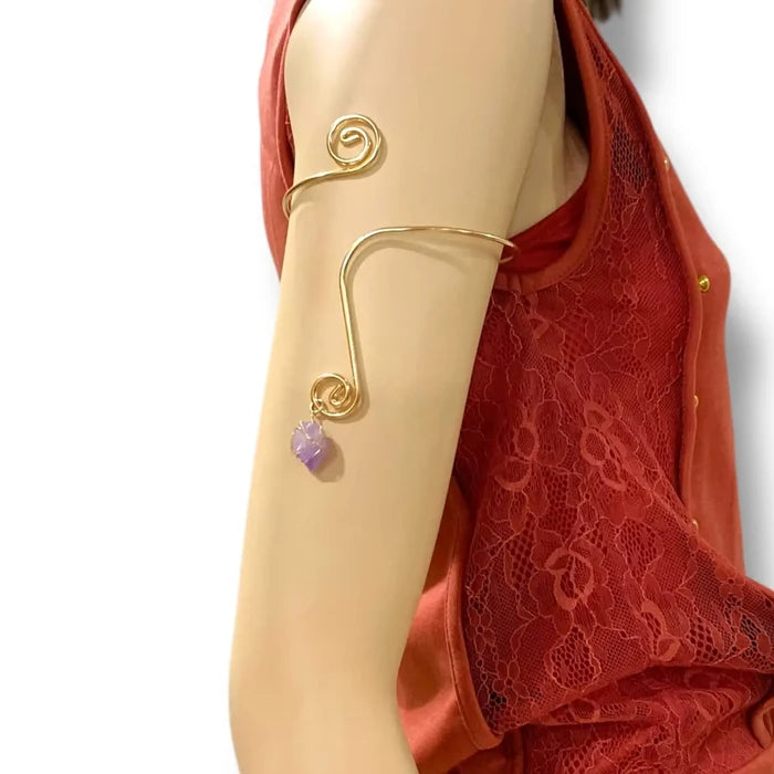 purple natural stone gold wire wrap upper arm cuff bracelet boho celestial body jewelry