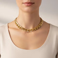 Gold Textured Chain Link Choker with starburst flat curb links, adjustable clasp, and lightweight chunky style