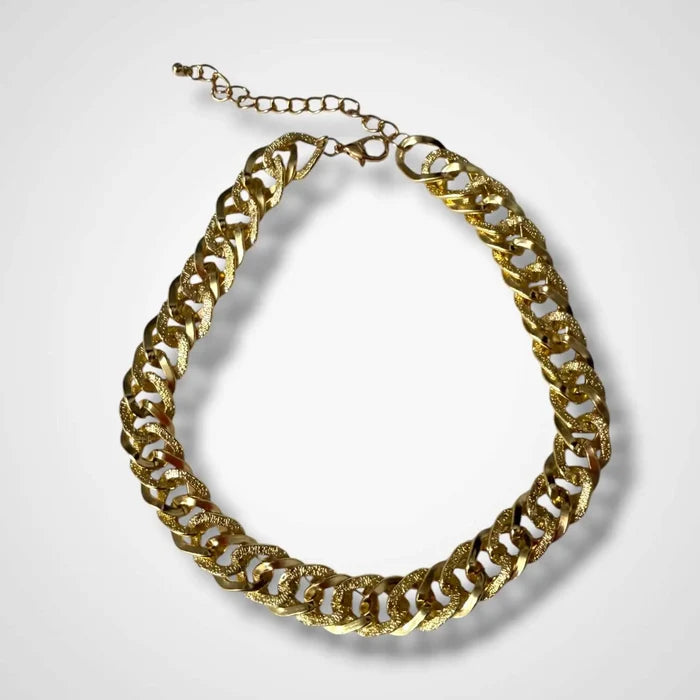 Gold Textured Chain Link Choker with starburst flat curb links, adjustable clasp, and lightweight chunky style