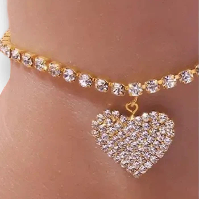 Golden Prong Set White Faceted Rhinestones Tennis Bracelet Anklet -One Size- Wild Time Fashion