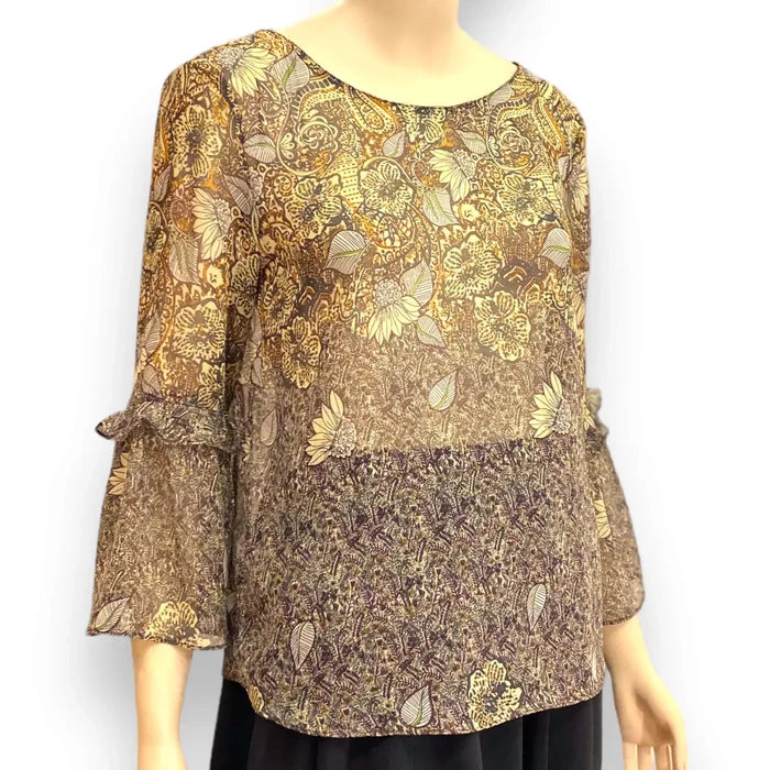 Golden Floral Flowing Flared Sleeve Blouse - Wild Time Fashion
