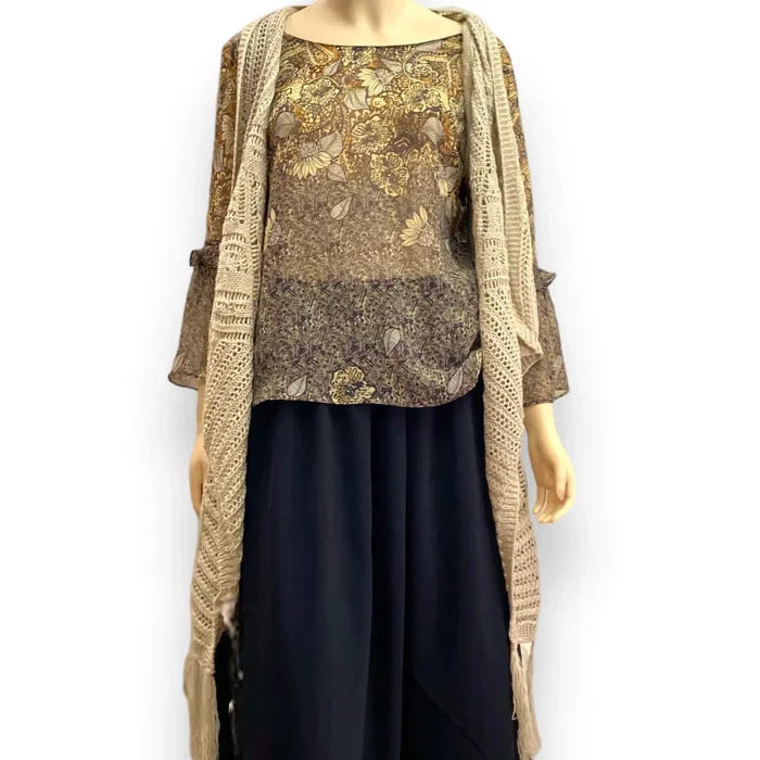 Golden Floral Flowing Flared Sleeve Blouse - Wild Time Fashion