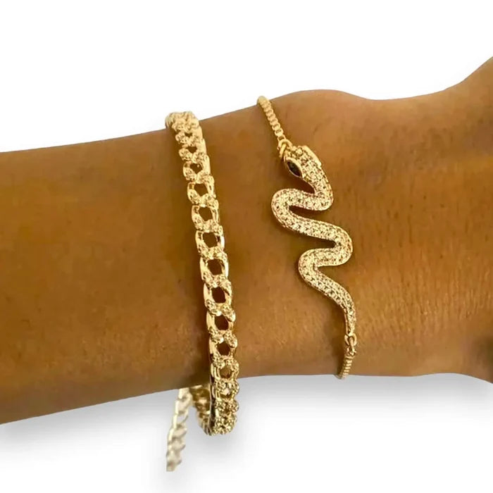 Golden Green Eyed Pave Snake Bracelet Set  adjustable lobster clasp bangles for women