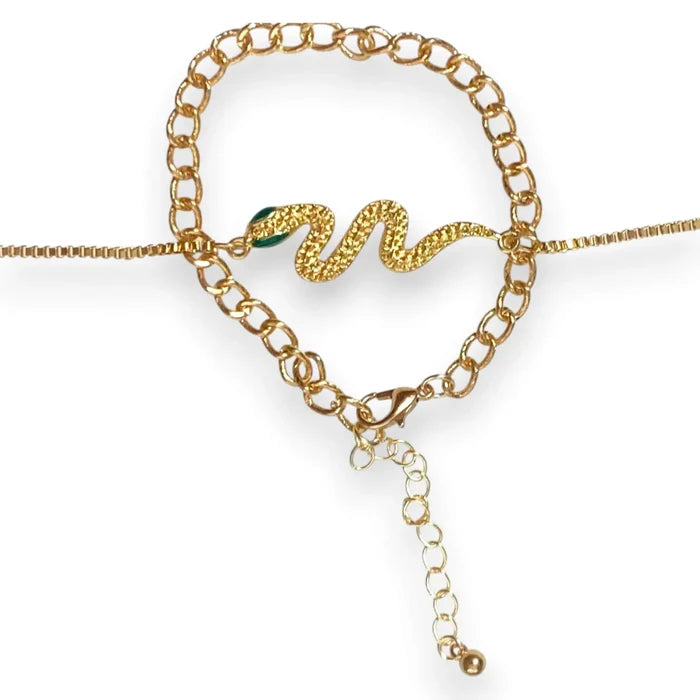 Golden Green Eyed Pave Snake Bracelet Set  adjustable lobster clasp bangles for women