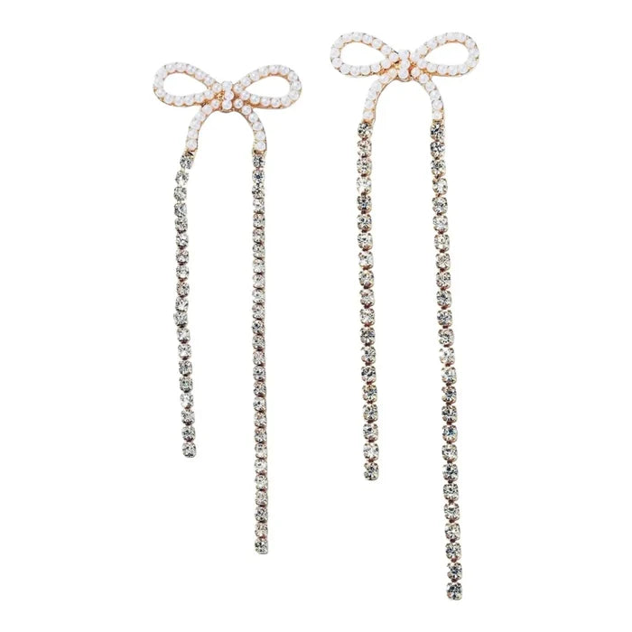 Golden Pearl Bows Crystal Dangle Earrings - One Size / Gold / Bow Ribbon Dangling Earrings - Women’s Earrings