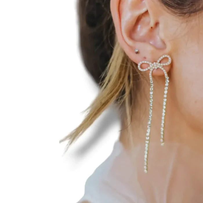 Golden Pearl Bows Crystal Dangle Earrings - One Size / Gold / Bow Ribbon Dangling Earrings - Women’s Earrings