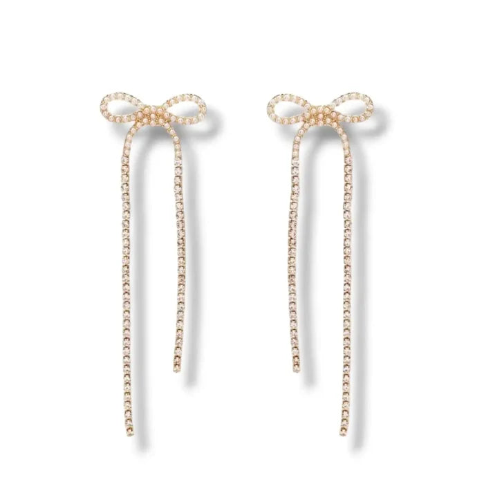 Golden Pearl Bows Crystal Dangle Earrings - One Size / Gold / Bow Ribbon Dangling Earrings - Women’s Earrings