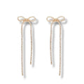 Golden Pearl Bows Crystal Dangle Earrings - One Size / Gold / Bow Ribbon Dangling Earrings - Women’s Earrings