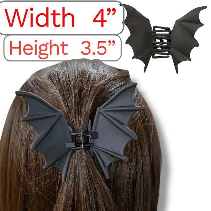 Gothic Bat Wing Hair Clip shown on brown hair, featuring a 4-inch width and 3.5-inch height with a matte-black finish.