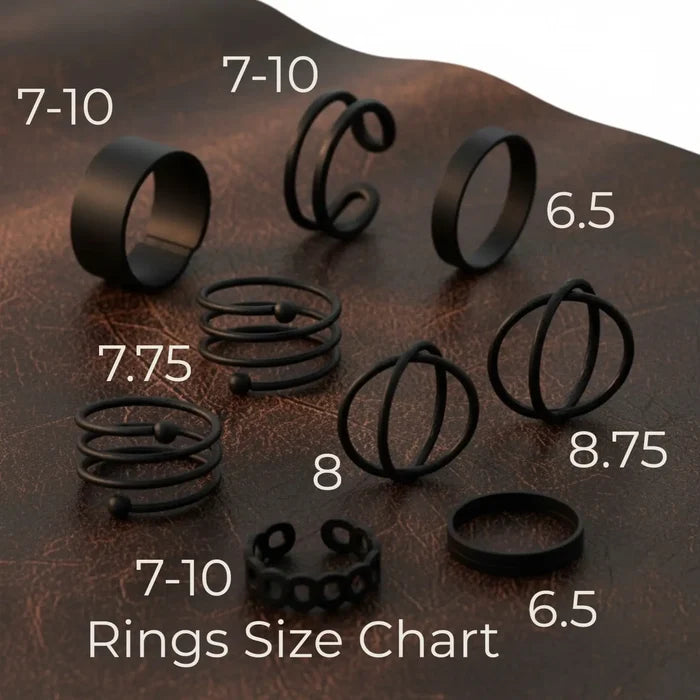 Gothic black minimalist rings set with stackable wire, crisscross, midi and knuckle ring set 9 rings