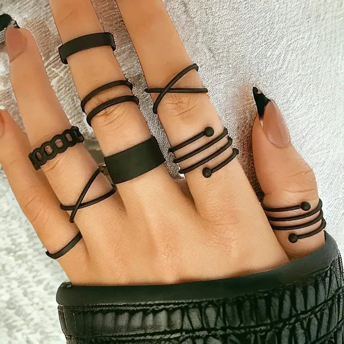 Gothic black minimalist rings set with stackable wire, crisscross, midi and knuckle ring set 9 rings