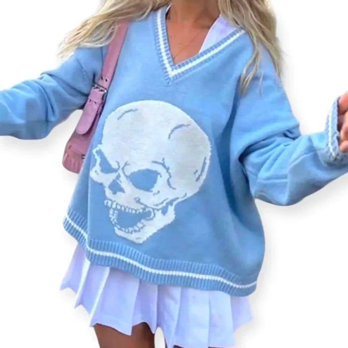 Gothic Skull Hearts Knitted Sweater Oversized Argyle Y2K Streetwear blue pullover sweater