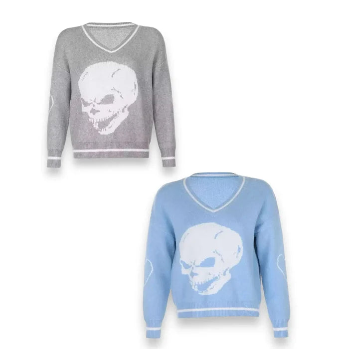 Gothic Skull Hearts Knitted Sweater Oversized Argyle Y2K Streetwear blue or gray pullover sweater