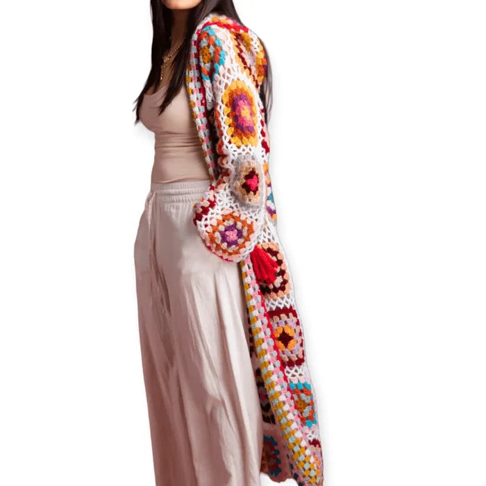 Granny Square Crochet Long Cardigan with Hood full length open stitch womans patchwork long colorful floral duster jacket
