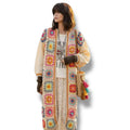 Granny square floral long crochet cardigan multicolor pastel floral pattern with gold trim full length open front long sleeve open stitch knit one size Medium to XL handmade