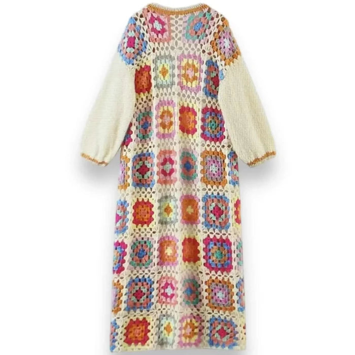 Granny square floral long crochet cardigan multicolor pastel floral pattern with gold trim full length open front long sleeve open stitch knit one size Medium to XL handmade