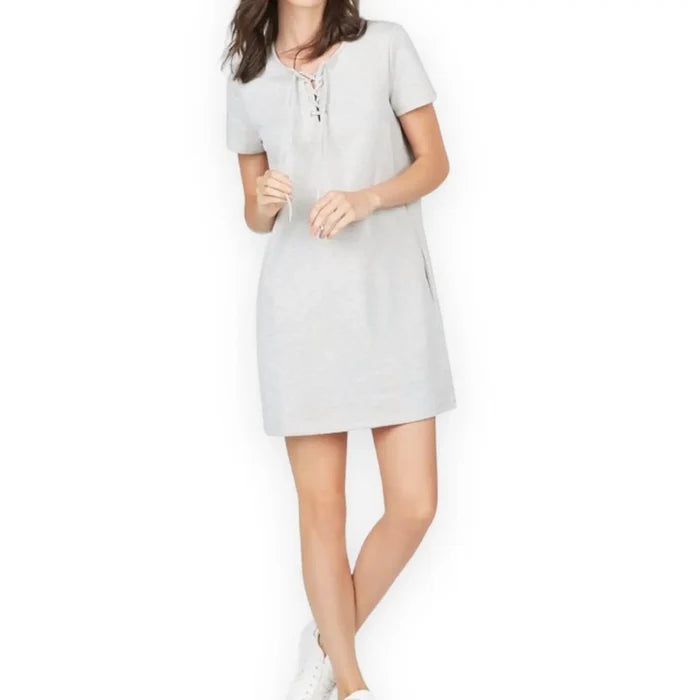 gray lace up neckline mini dress with short sleeves and silver grommets, casual athleisure dress