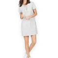 gray lace up neckline mini dress with short sleeves and silver grommets, casual athleisure dress