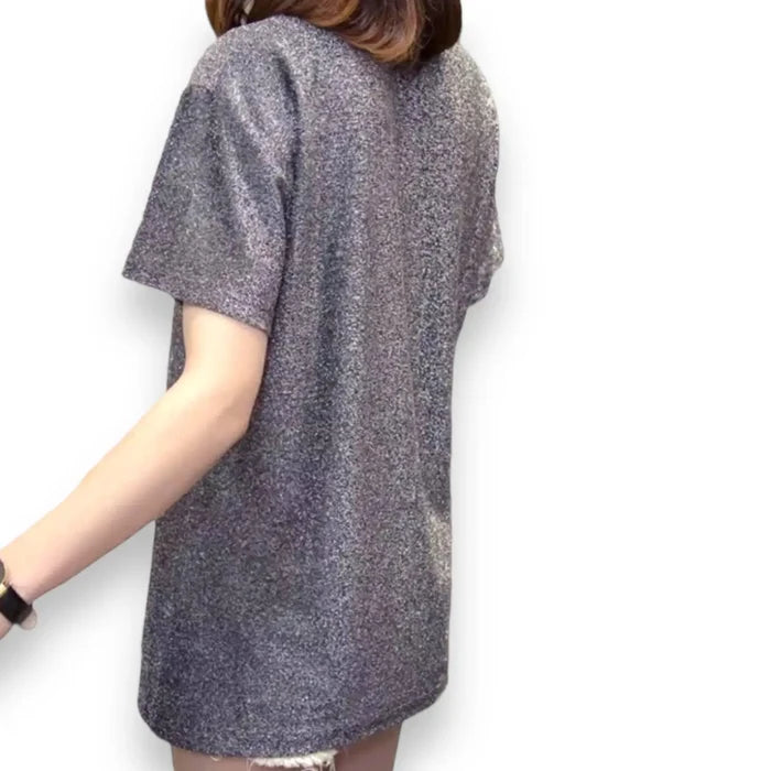 Back side of Metallic Gray Graphic Short Sleeve tee