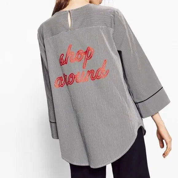 Women's Gray Pinstriped Red Graphic Backside Blouse - Medium - Zara