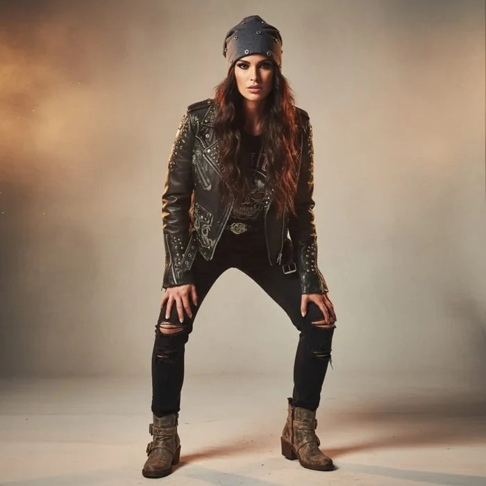 Women's Gray Slouchy Beanie Gold Studs O-Ring with fleece lining and black crystals / one size 20-24"