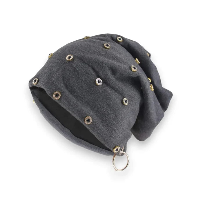 Women's Gray Slouchy Beanie Gold Studs O-Ring with fleece lining and black crystals / one size 20-24"