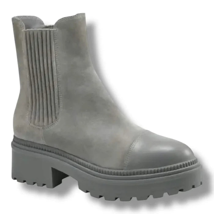 gray suede lug-sole ankle boots with stretch side-gore, almond toe, women’s size 9