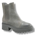 gray suede lug-sole ankle boots with stretch side-gore, almond toe, women’s size 9