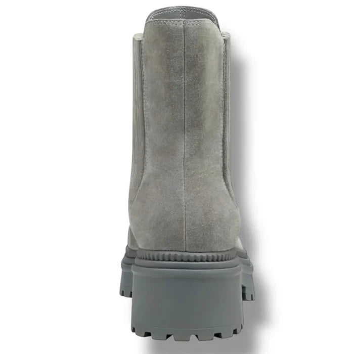Back view shaft of Gray suede lug sole ankle boots with stretch side-gore, almond toe, and chunky traction sole, women’s size 9