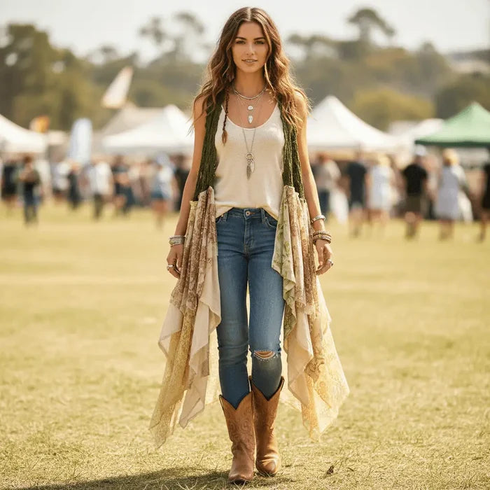 Green Crochet & Sequin Hi-Low Long Duster Vest woman wearing at festival event