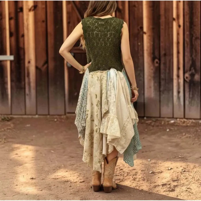 Green Crochet & Sequin Hi-Low Long Duster Vest woman wearing at festival event back view