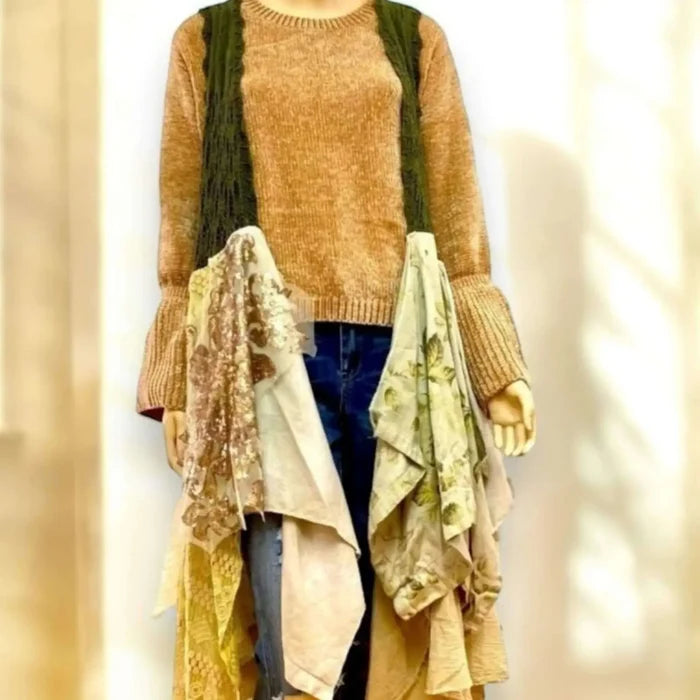 Green Crochet & Sequin Hi-Low Long Duster Vest event on mannequin indoors