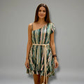 green sleeveless striped tiered ruffle mini dress with rope belt