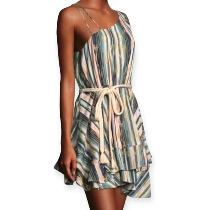 Green Sleeveless Striped Tiered Ruffle Mini Dress Medium