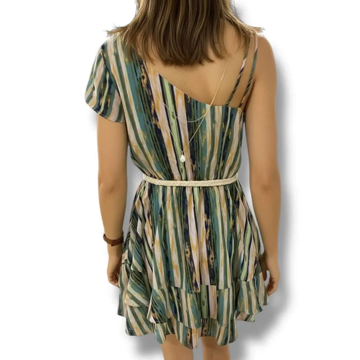 green sleeveless striped tiered ruffle mini dress with rope belt back view