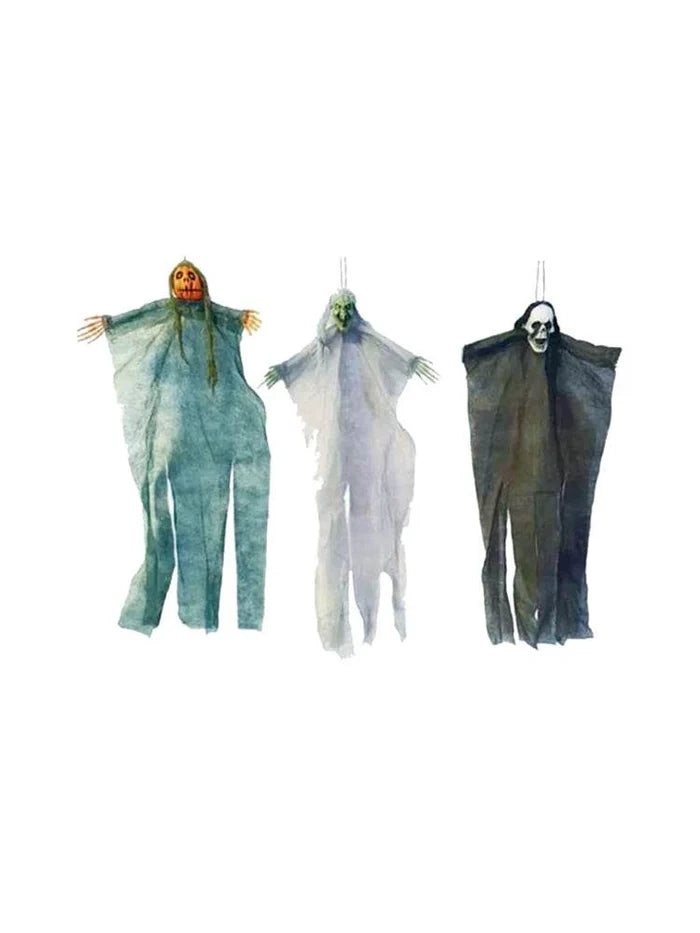 Wicked Fun Halloween hanging decorations featuring three spooky ghostly figures in various colors