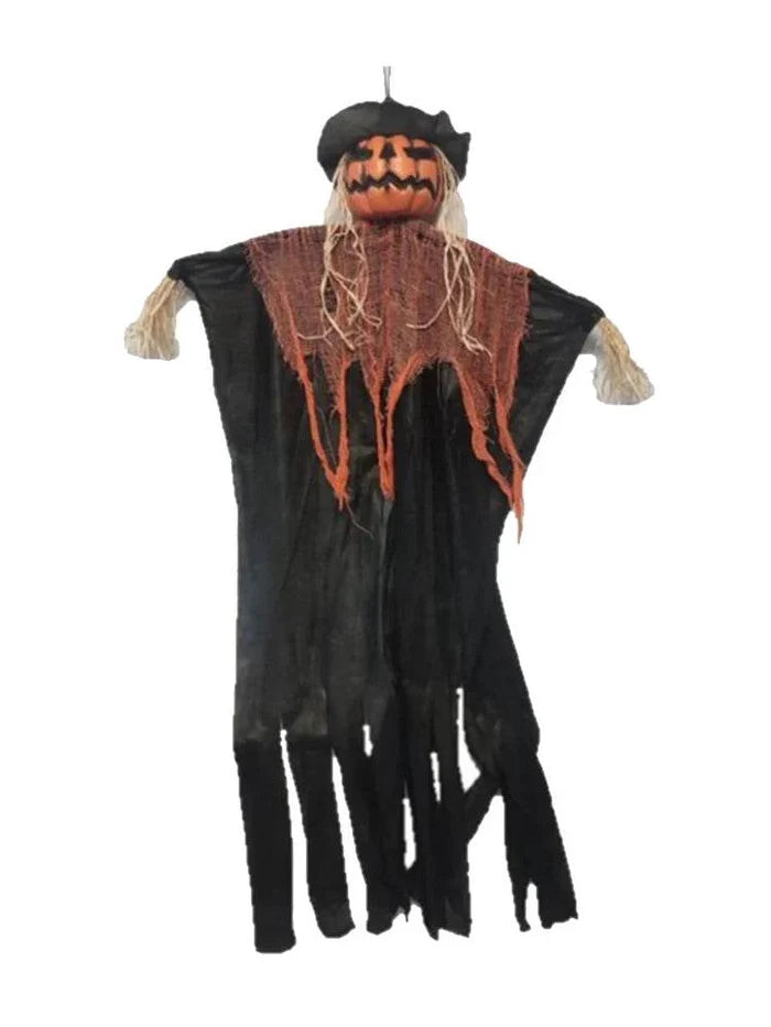 Wicked Fun Halloween hanging decorations featuring a spooky pumpkin scarecrow with tattered fabric