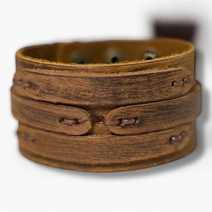 Handcrafted Leather Weaved Cuff Bracelet in brown with braided distressed crisscross design and snap closure