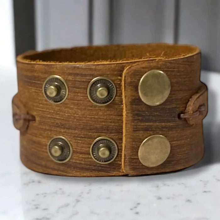 Handcrafted Leather Weaved Cuff Bracelet in brown with braided distressed crisscross design and snap closure