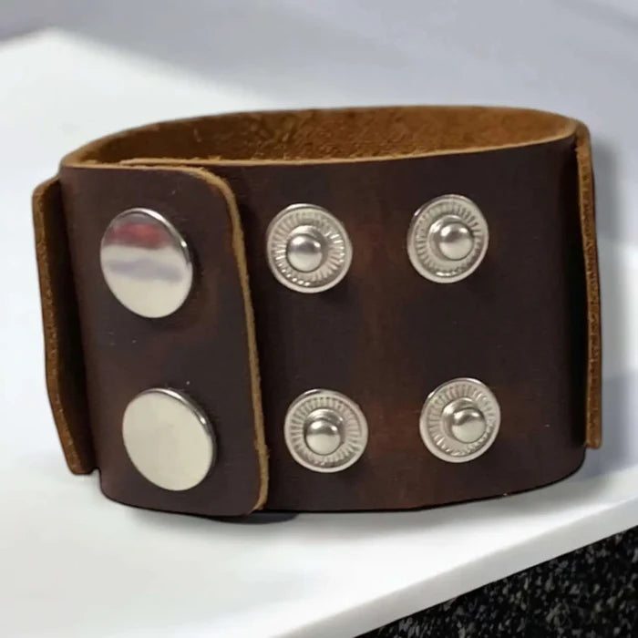 Handcrafted Leather Weaved Cuff Bracelet in brown with braided distressed crisscross design and snap closure