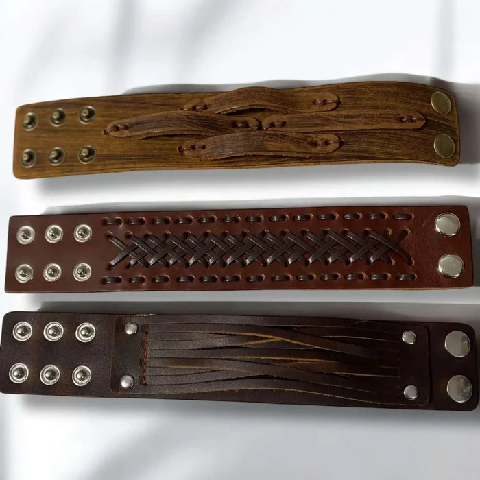 Handcrafted Leather Weaved Cuff Bracelet in brown with braided distressed crisscross design and snap closure