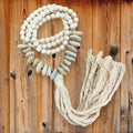 Handcrafted natural agate tassel long necklace with ivory stone beads cowrie shells and organic cotton fringe