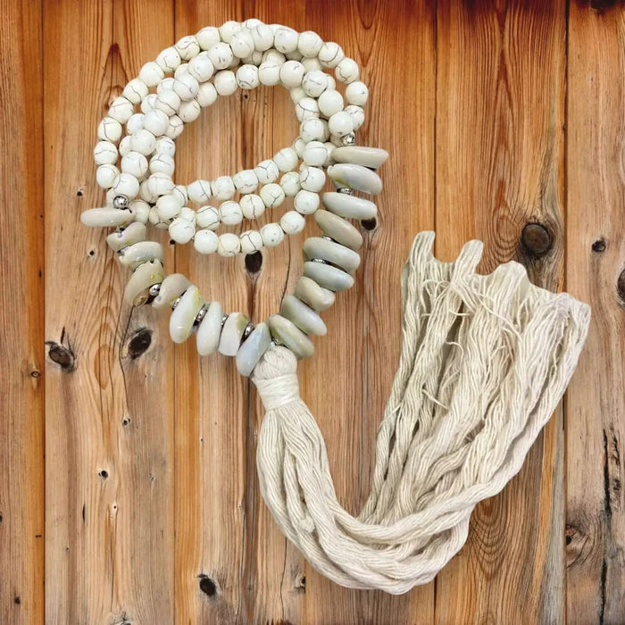 Handcrafted natural agate tassel long necklace with ivory stone beads cowrie shells and organic cotton fringe